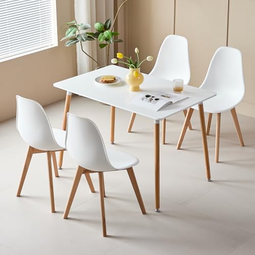 DEYARNA HOME Esstisch mit 4 Stühlen Set - Tisch 110x70x74cm (MDF-Platte + Buchenholzbeine) & Stühle mit PP-Sitz und Buchenholzgestell, Skandinavisches Design (Weiß-CZ) von DEYARNA HOME