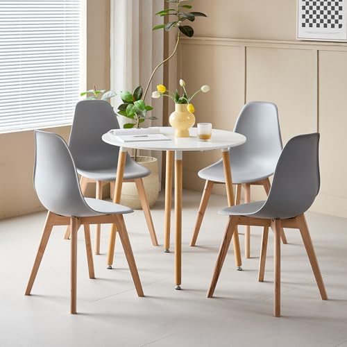 DEYARNA HOME Esstisch mit 4 Stühlen Set - Tisch 80x80x75cm (MDF-Platte + Buchenholzbeine) & Stühle mit PP-Sitz und Buchenholzgestell, Skandinavisches Design (Grau-YZ) von DEYARNA HOME