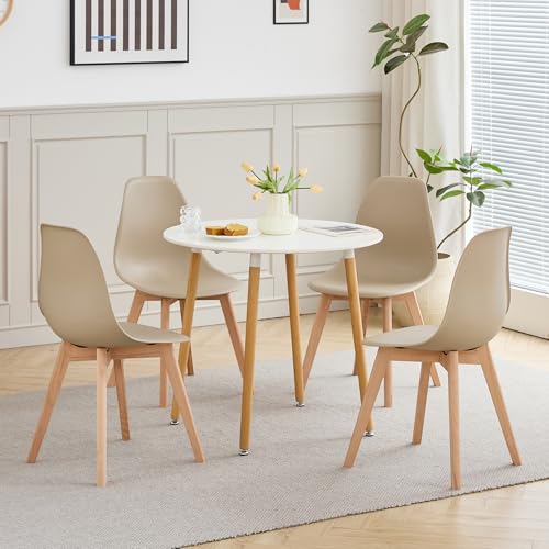 DEYARNA HOME Esstisch mit 4 Stühlen Set - Tisch 80x80x75cm (MDF-Platte + Buchenholzbeine) & Stühle mit PP-Sitz und Buchenholzgestell, Skandinavisches Design (Khaki-YZ) von DEYARNA HOME