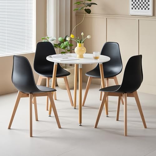 DEYARNA HOME Esstisch mit 4 Stühlen Set - Tisch 80x80x75cm (MDF-Platte + Buchenholzbeine) & Stühle mit PP-Sitz und Buchenholzgestell, Skandinavisches Design (Schwarz-YZ) von DEYARNA HOME