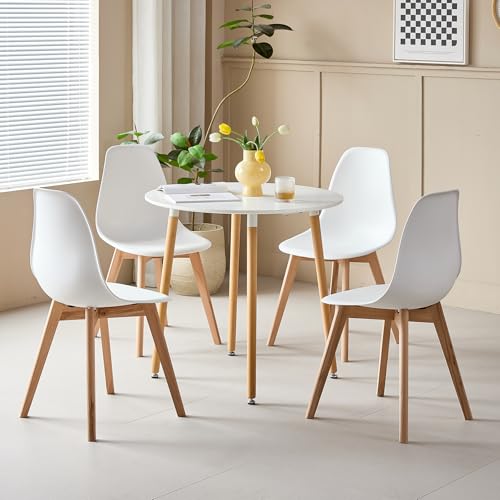 DEYARNA HOME Esstisch mit 4 Stühlen Set - Tisch 80x80x75cm (MDF-Platte + Buchenholzbeine) & Stühle mit PP-Sitz und Buchenholzgestell, Skandinavisches Design (Weiß-YZ) von DEYARNA HOME