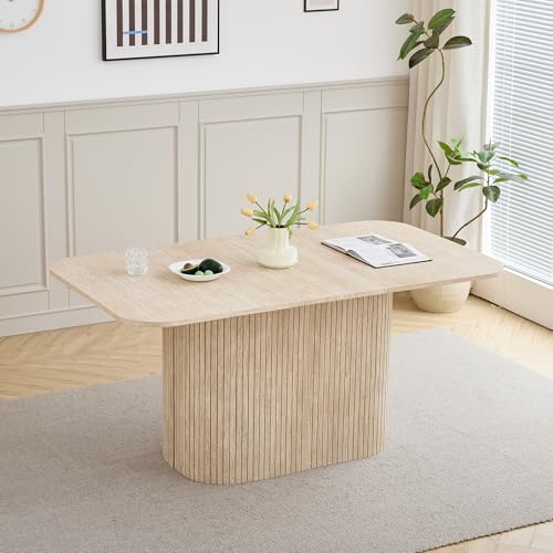 DEYARNA HOME Moderner Esstisch für 4–6 Personen, 160cm Rechteckiger Küchentisch (Travertin-Maserung) mit Schwerem Säulenfuß für Wohnzimmer, Küche, Wohnung, Gelb von DEYARNA HOME