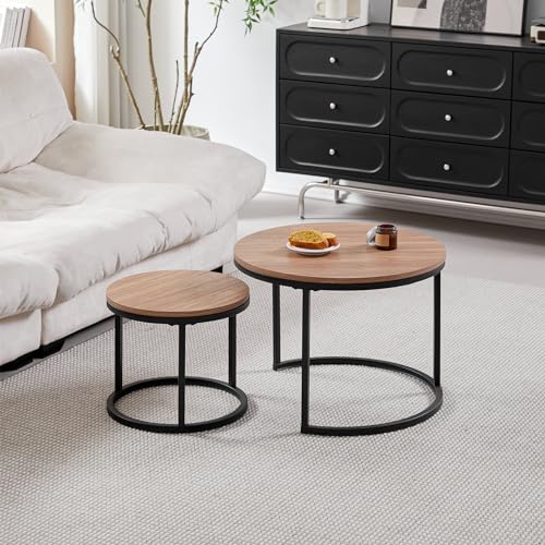 DEYARNA HOME Rund Satztische Couchtisch 2er Set, Moderner Nesting-Tisch mit Stabilem Metallgestell, Geeignet für Wohnzimmer, Balkon, Büro, Groß: 60 * 60 * 45cm; Klein: 40 * 40 * 35cm (Dunkle Eiche) von DEYARNA HOME