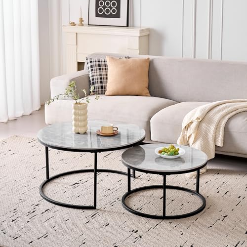DEYARNA HOME Runden Couchtisch 2er Set, Moderne Satztische mit Keramikplatte (Keine MDF-Platte), Ideal für Wohnzimmer, Schlafzimmer, Balkon und Büro (Grau+Schwarz),60+80cm von DEYARNA HOME