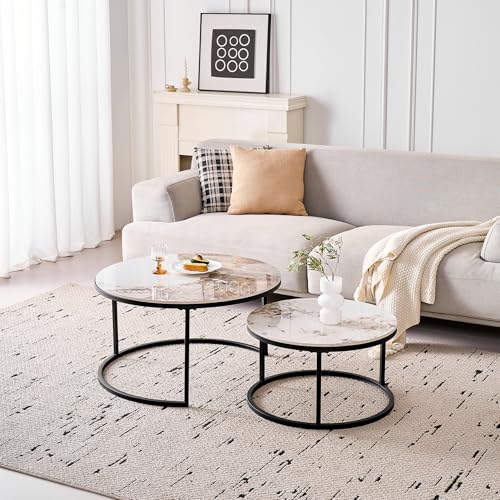 DEYARNA HOME Runden Couchtisch 2er Set, Moderne Satztische mit Keramikplatte (Keine MDF-Platte), Ideal für Wohnzimmer, Schlafzimmer, Balkon und Büro (Pandora+Schwarz), 60+80cm von DEYARNA HOME
