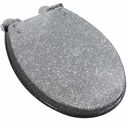 Glitzer-WC Sitz mit Absenkautomatik, Ovaler Toilettensitz mit 360-Grad-verstellbarem Edelstahlscharnier, Quick Release für Einfache Reinigung, Toilettenbrille Versch Motiv Klodeckel (Color : Silver) von DEYLK