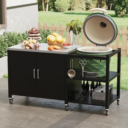 Grillwagen mit Rollen & Stauraum – Outdoor Kücheninsel mit Schrank, Haken & Regalen, BBQ Tisch aus Metall, Mobil & Stabil, für Garten, Terrasse, Camping & Picknick (154,5 x 60 x 87 cm) von DEZAGCE