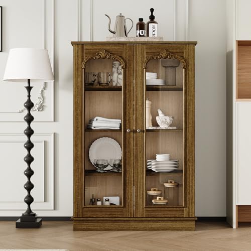 DEZAGCE Massivholz Vitrinenschrank mit Glastüren, Küchenbuffet aus Kiefernholz 80x40x120 cm, Vintage Glasschrank mit gehärtetem Sicherheitsglas, 3 Einlegeböden & antikgoldenen Metallgriffen, Braun von DEZAGCE