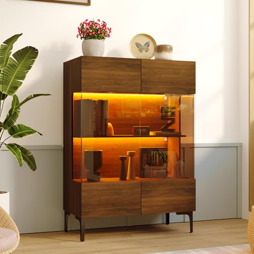 Moderne Glasvitrine mit LED-Beleuchtung und Push-to-Open Türen – Vitrinenschrank mit 3 Einlegeböden, Buffetschrank für Wohnzimmer, Esszimmer oder Küche, 80 x 38,2 x 115 cm, Braun von DEZAGCE