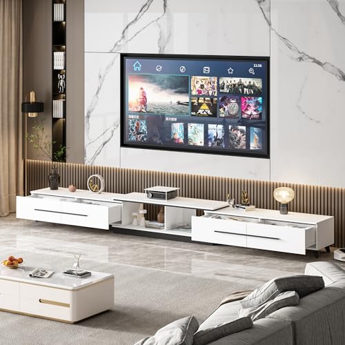 DEZAGCE weiße TV Schrank, Lowboard mit Verstellbare Länge, Fernseherschrank,TV Bank mit Schubladen und Beinen, für Wohnzimmer, MDF (240cm-345 cm B x 40cm T x 33.5 cm H), Mondern von DEZAGCE