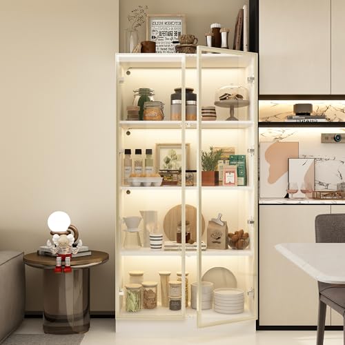 DEZAGCE Glasvitrine Vitrinenschrank mit Glastüren und Beleuchtung, Glasvitrine Stehend mit 4-stufigen Einlegeböden, Pop-up Design,Vitrine weiß,gehärtetes Glas （einzeln 40T x 160B x 80H cm von DEZAGCE