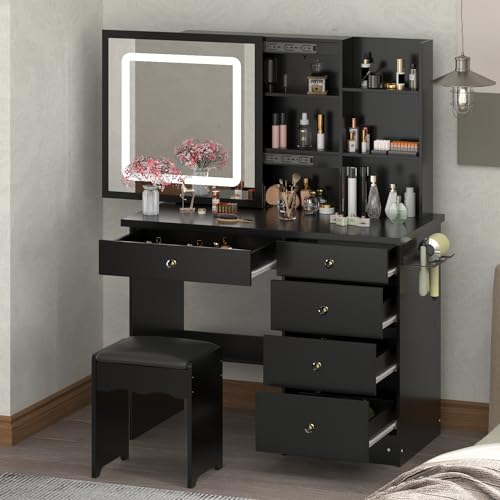 Große Schminktisch mit Beleuchtung,Spiegel und Hocker Schminktische mit Regale und Halterungen,Frisiertisch Kosmetiktisch mit 5 Schubladen , Kommode Schlafzimmer Schwarz, 100 x 136 x 50 cm, MDF von DEZAGCE
