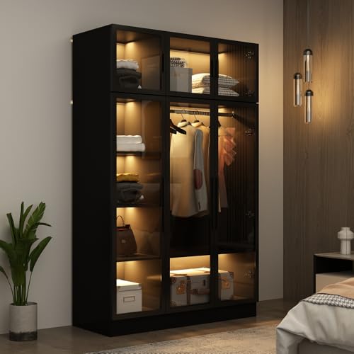 Kleiderschrank Aus Gehärtetem Glas, 6-Türig Mit Eingebauter 5-Segment-Lichtleiste, Schlafzimmerschrank Mit Mehrlagigen Einlegeböden, Aus MDF, 120x48x190 cm, Schwarz Kleiderschrank Aus Gehärtetem Glas, 6-Türig Mit Eingebauter 5-Segment-Lichtleiste, Schlafzimmerschrank Mit Mehrlagigen Einlegeböden, Aus MDF, 120x48x190 cm, Schwarz von DEZAGCE