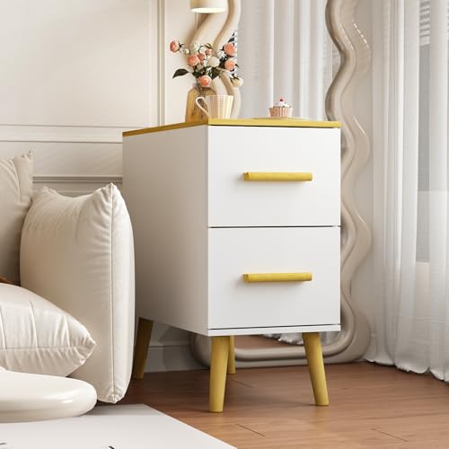 Kompakter Beistelltisch mit 2 Schubladen & Klappfächern – Weiß & Holzoptik, 59.3 x 60 x 30 cm, Nachttisch oder Sofatisch mit Stauraum, Moderner Tisch mit Holzfüßen für Wohnzimmer & Schlafzimmer Kompakter Beistelltisch mit 2 Schubladen & Klappfächern – Weiß & Holzoptik, 59.3 x 60 x 30 cm, Nachttisch oder Sofatisch mit Stauraum, Moderner Tisch mit Holzfüßen für Wohnzimmer & Schlafzimmer von DEZAGCE