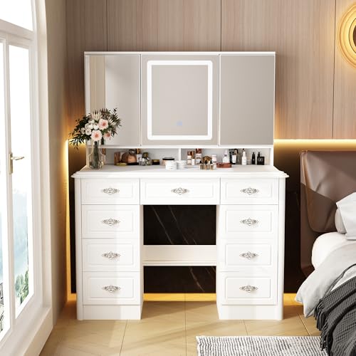 Schminktisch mit LED-Beleuchtung, Kosmetiktisch mit übergroßem rechteckigem Spiegel, 9 Schubladen, Schminktische, Frisiertisch, Großer Stauraum, weiß, MDF, ‎50 x 110 x 137 cm Schminktische mit silbern von DEZAGCE