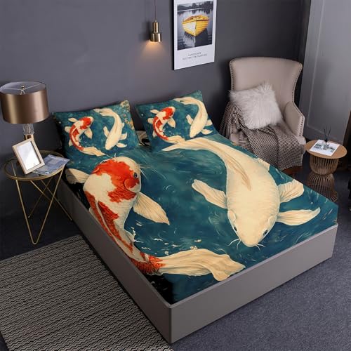 DEZEE Feng-Shui-Fische Koi Thema Spannbetttuch Set 3PCS | Glücksbringer Koi Briefmarke Cartoon Druck | Tiefentaschen Matratze Passend (01,King-3 Teilig) von DEZEE