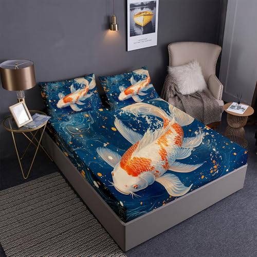 DEZEE Feng-Shui-Fische Koi Thema Spannbetttuch Set 3PCS | Glücksbringer Koi Briefmarke Cartoon Druck | Tiefentaschen Matratze Passend (02,Single-3 Teilig) von DEZEE