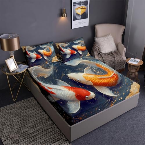DEZEE Feng-Shui-Fische Koi Thema Spannbetttuch Set 3PCS | Glücksbringer Koi Briefmarke Cartoon Druck | Tiefentaschen Matratze Passend (03,Double-3 Teilig) von DEZEE