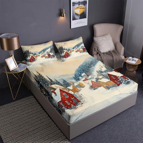 DEZEE Gemütlicher Winter Dorf Szene Spannbetttuch Set 3PCS | Kleine Stadt Handgezeichneter Cartoon Druck | Tiefentaschen Matratze Passend (01,King-3 Teilig) von DEZEE