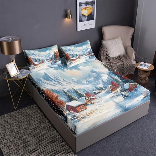 DEZEE Gemütlicher Winter Dorf Szene Spannbetttuch Set 3PCS | Kleine Stadt Handgezeichneter Cartoon Druck | Tiefentaschen Matratze Passend (02,King-3 Teilig) von DEZEE