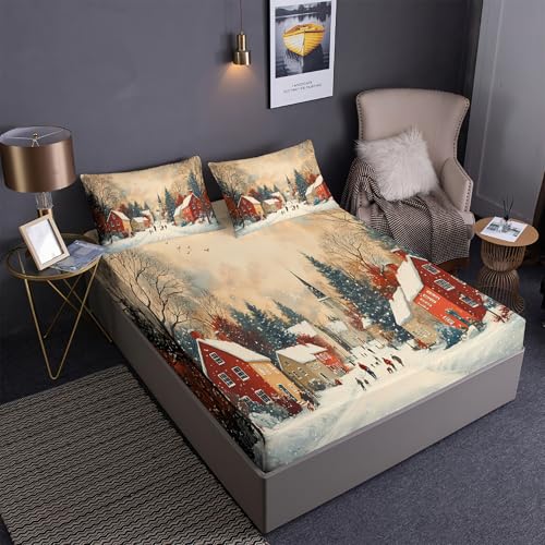 DEZEE Gemütlicher Winter Dorf Szene Spannbetttuch Set 3PCS | Kleine Stadt Handgezeichneter Cartoon Druck | Tiefentaschen Matratze Passend (03,Double-3 Teilig) von DEZEE