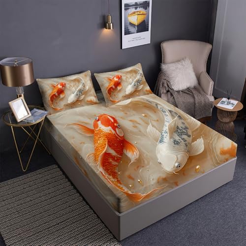 DEZEE Koi Briefmarke Spannbetttuch Set 3PCS | Feng-Shui-Fische Zierfische Koi Themen Handgezeichneter Cartoon Druck | Tiefentaschen Matratze Passend (01,Single-3 Teilig) von DEZEE