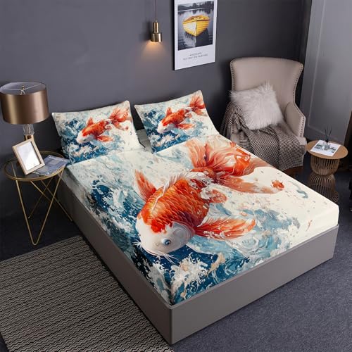 DEZEE Koi Briefmarke Spannbetttuch Set 3PCS | Feng-Shui-Fische Zierfische Koi Themen Handgezeichneter Cartoon Druck | Tiefentaschen Matratze Passend (02,Single-3 Teilig) von DEZEE