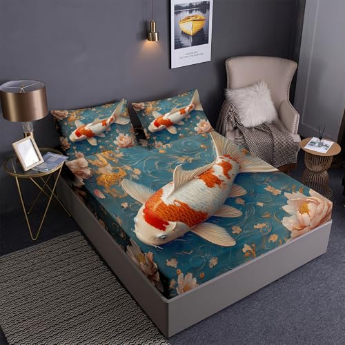 DEZEE Koi Briefmarke Spannbetttuch Set 3PCS | Feng-Shui-Fische Zierfische Koi Themen Handgezeichneter Cartoon Druck | Tiefentaschen Matratze Passend (03,King-3 Teilig) von DEZEE