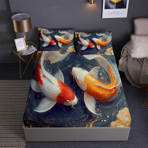 DEZEE Spannbetttuch Set 3PCS Feng-Shui-Fische Koi Thema | Glücksbringer Koi Briefmarke Handgezeichneter Cartoon Drucke | Tiefentaschen Matratze Passend (01,King-3 Teilig) von DEZEE