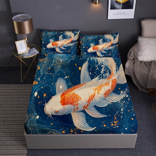 DEZEE Spannbetttuch Set 3PCS Feng-Shui-Fische Koi Thema | Glücksbringer Koi Briefmarke Handgezeichneter Cartoon Drucke | Tiefentaschen Matratze Passend (02,King-3 Teilig) von DEZEE