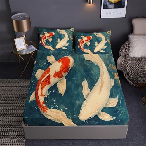 DEZEE Spannbetttuch Set 3PCS Feng-Shui-Fische Koi Thema | Glücksbringer Koi Briefmarke Handgezeichneter Cartoon Drucke | Tiefentaschen Matratze Passend (03,King-3 Teilig) von DEZEE