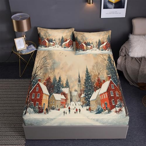 DEZEE Spannbetttuch Set 3PCS Gemütlicher Winter Dorf Szene | Kleine Stadt Handgezeichneter Cartoon Drucke | Tiefentaschen Matratze Passend (01,King-3 Teilig) von DEZEE