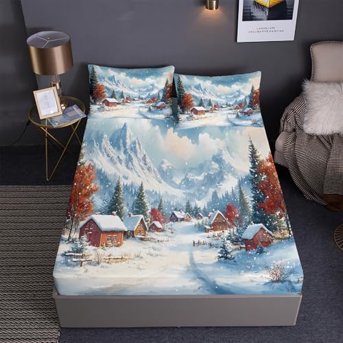 DEZEE Spannbetttuch Set 3PCS Gemütlicher Winter Dorf Szene | Kleine Stadt Handgezeichneter Cartoon Drucke | Tiefentaschen Matratze Passend (02,Double-3 Teilig) von DEZEE