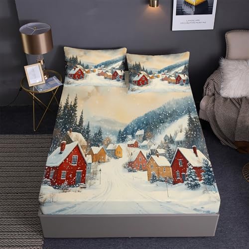 DEZEE Spannbetttuch Set 3PCS Gemütlicher Winter Dorf Szene | Kleine Stadt Handgezeichneter Cartoon Drucke | Tiefentaschen Matratze Passend (03,Double-3 Teilig) von DEZEE