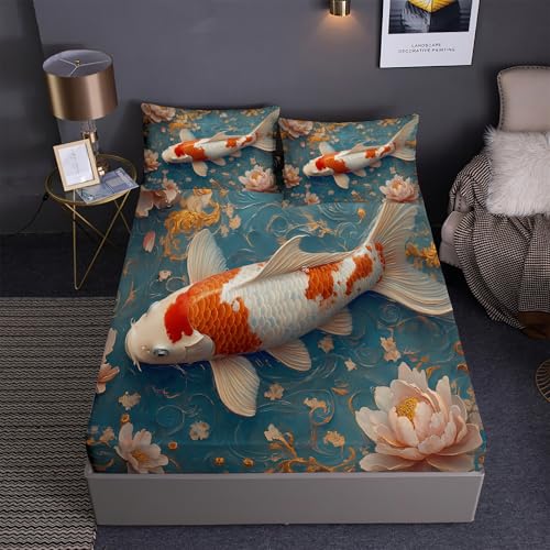 DEZEE Spannbetttuch Set 3PCS Koi Briefmarke | Zierfische Koi Themen Feng-Shui-Fische Koi Handgezeichneter Cartoon Drucke | Tiefentaschen Matratze Passend (01,Single-3 Teilig) von DEZEE