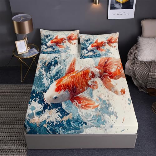 DEZEE Spannbetttuch Set 3PCS Koi Briefmarke | Zierfische Koi Themen Feng-Shui-Fische Koi Handgezeichneter Cartoon Drucke | Tiefentaschen Matratze Passend (02,Double-3 Teilig) von DEZEE