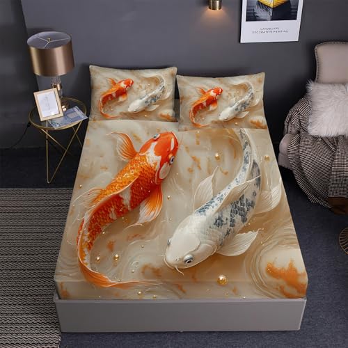 DEZEE Spannbetttuch Set 3PCS Koi Briefmarke | Zierfische Koi Themen Feng-Shui-Fische Koi Handgezeichneter Cartoon Drucke | Tiefentaschen Matratze Passend (03,Double-3 Teilig) von DEZEE