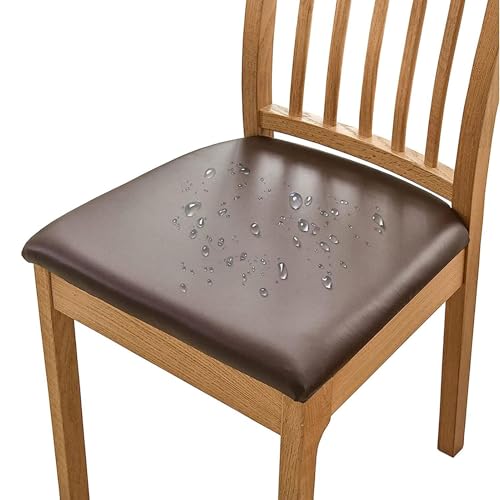 DEZYPZAM Stuhlhussen, Esszimmerstuhl Sitzbezüge, Esszimmer Stuhlhussen, PU Leder Stuhlbezug, Stuhlbezug Sitzfläche, Stretch Sitzbezüge (Kaffee,6 Stück) von DEZYPZAM