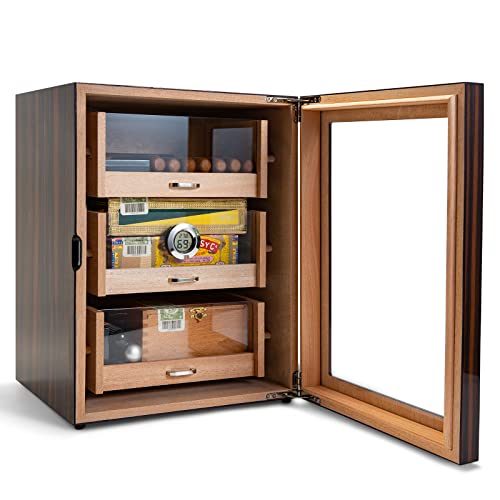 DEaThsalL Zigarren-Humidor, Mit Spanischer Zeder Ausgekleideter Humidor, Mit 3 GroßEn Schubladen (FüR 150 Zigarren), Mit Hygrometer + Luftbefeuchter von DEaThsalL