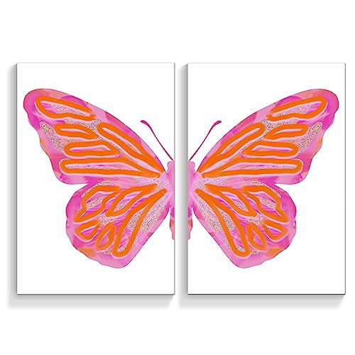 DFAIUY Rosa Orange Bilder Poster - 2 Stück Split Trendy Preppy Schmetterling Leinwand Wandkunst für Mädchen Schlafzimmer – Teenager Mädchen College Wohnheim Wohnung Ästhetischer Druck Dekor 30,5 x von DFAIUY