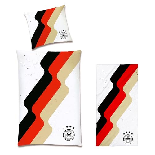 Offizielle DFB Bettwäsche zur Fußball EM 2024 in 135x200 80x80 cm · Deutschland Bettwäsche Set aus 100% Baumwolle mit Retro Motiv · Fußball Bettwäsche mit DFB Logo (weiß 3-teilig) von DFB