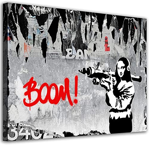 Banksy Leinwandbild Mona Lisa mit Raketenwerfer Boom Kunstdruck Graffiti Street Pop Culture Leinwandbilder Schwarz Weiß Leinwandbilder für Wohnzimmer Schlafzimmer Badezimmer Rahmenlos,60×90cm von DFBFMO