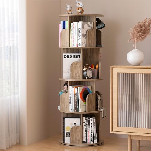 DFENG Drehbares Bücherregal Standregal 360° Drehbar Bücherregal Holz, 4 Regal Kinderregal Lagerregal Multifunktionales Aufbewahrung Display-Rack für Wohnzimmer, Büro, Schlafzimmer, Kinderzimmer, Rund von DFENG