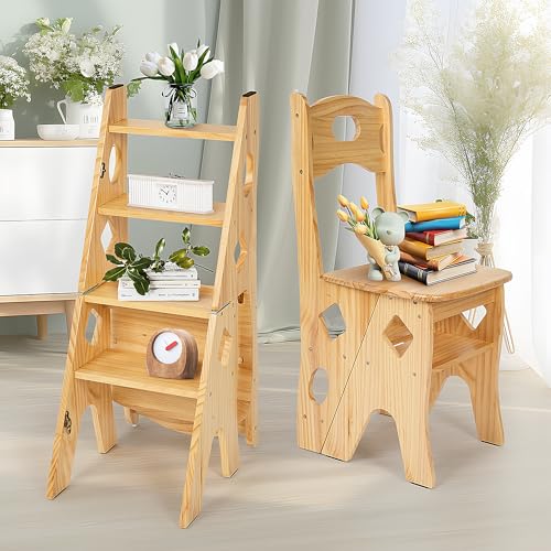 Klappbar Tritthocker Bibliotheksstuhl Aus Massivholz, 2-in-1 Klappstuhl Lernturm 4 Stufen Faltbarer Hocker bis 180 kg Multifunktionale Trittstuhl Ausstellungsständer Blumenständer (Holz, 46x34x87CM) von DFENG