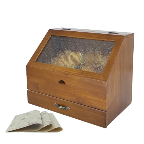 Brotkasten Holz, Brotbehälter Retro mit Gemustertem Glas und Schubladen 32X20.5X26cm, mit 20 Brotpapier, Brot Aufbewahrungsbox für Brot, Brötchen, Gebäck von DFEO@MF