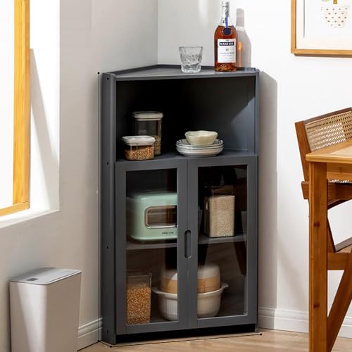 DFGHNBVC Hoher Eckschrank Mit Freistehendem Design, Multifunktionales Küchenregal Mit Hochauflösender Doppelter Offener Schranktür Aus Acryl Und Bambusmaterial, C55*96 * 7Cm von DFGHNBVC