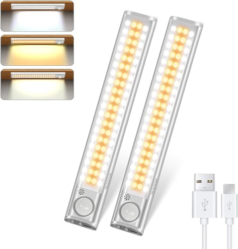 DFGOTOP Schranklicht mit Bewegungsmelder, USB Sensor Licht, Einstellbare Helligkeit Mit Weißem Licht Warmes Licht natürliches Licht für Küchenleuchte (2PCS-22CM-80LED) von DFGOTOP