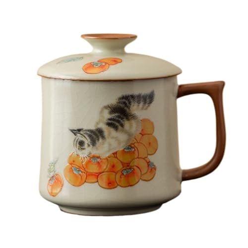 DFHS46JK Kaffeebecher Niedliche Katze Persimmon Keramik Tasse Deckel und Griff Becher for Zuhause Gewerbe Büro Kaffee Milch Tee Kaffeetasse von DFHS46JK
