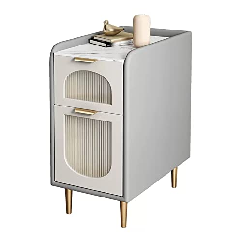 Nachttisch Grau Modern Nachttisch, Kleine Felsschild Schlafzimmer Nachttisch, Platzsparend Ultra Schmal Kunstleder Design Wohnzimmer Sofa Beistelltisch mit 2 Schubladen Stauraum von DFHS46JK