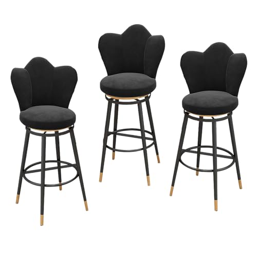 DFKGLCRR 25,6/29,6“ Sitzhöhe Barhocker 3er Set, Samt gepolsterte Barstühle, Drehbare Barhocker mit Petal Form zurück und Fußstützen, Counter Höhe Esszimmerstühle (Black,29.6in/75cm) von DFKGLCRR